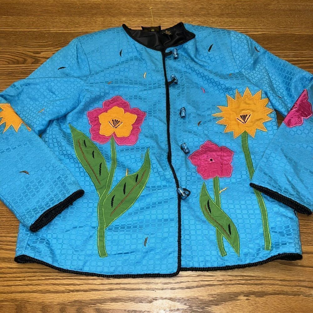 Vintage Julia Kim Embroidered Flowers Blazer Medium Blue Artsy Crazy Funky